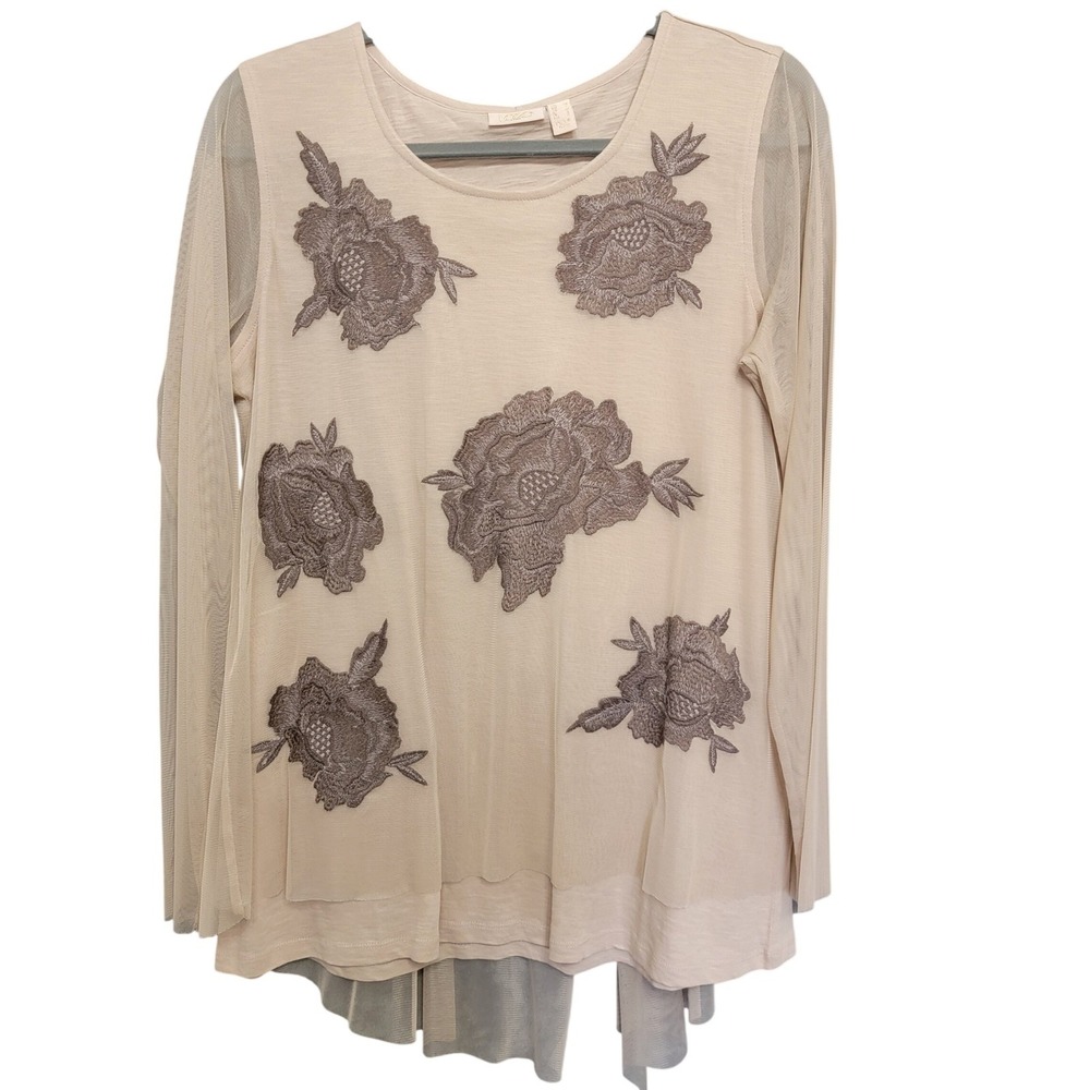 LOGO Lavish Top M Beige Floral Embroidered Mesh Overlay‎ Boho Artsy Cottagecore